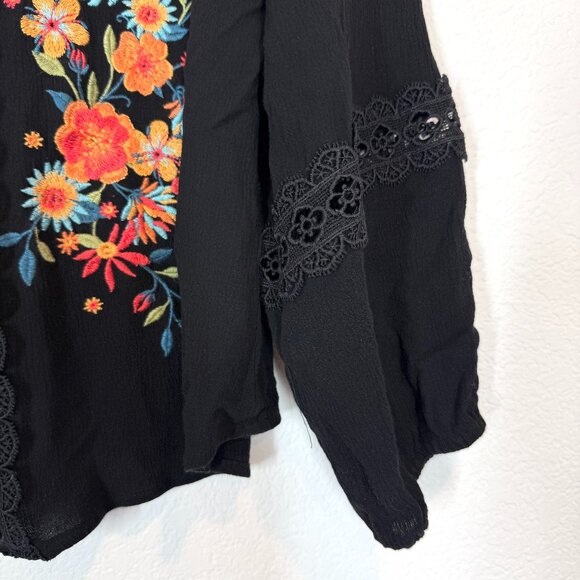 Savannah Jane Embroidered Black Boho Top Blouse Peasant Floral Lace Large - Picture 5 of 11